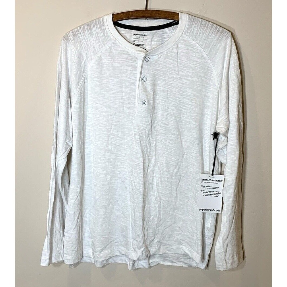 Paper Denim & Cloth T-Shirt Mens Small White Henley Long‎ Sleeve 100% Cotton NEW